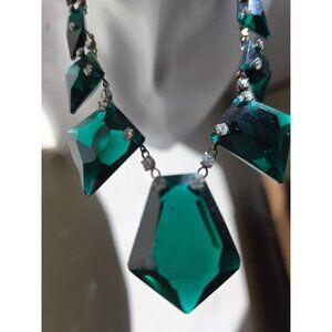 Sterling Silver Art Deco Emerald Green Czech Glass Necklace Rhinestone Accents